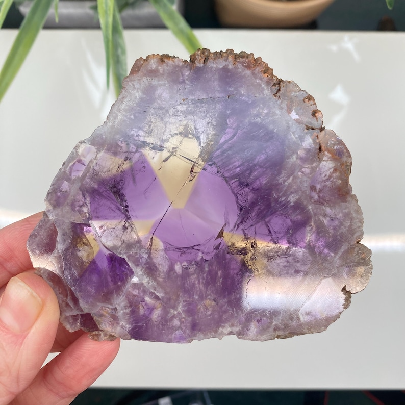 May include: A raw amethyst crystal slice, showcasing a blend of purple, white, and yellow hues. The natural stone has a rough, textured edge and a polished, translucent surface. The crystal is held in a hand.
