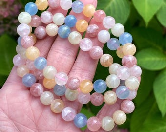 Calcite Bracelet, 8mm, Mixed Candy Calcite Bead Bracelet, Pink, Yellow, Blue