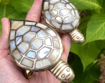 Turtle Box, Handmade Brass and Mother of Pearl Trinket Box, Hide-a-Key, Ring Gift Box