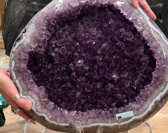 Magnifico geode di ametista di grandi dimensioni e dalla forma rotonda, un pezzo pregiato di altissima qualità, proveniente dal Brasile negli anni '90, del peso di 47 libbre!