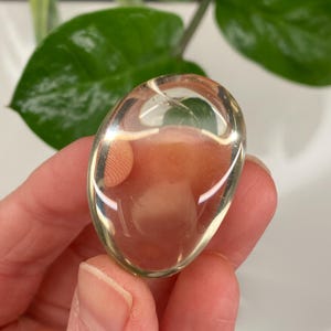 May include: A clear, oval-shaped crystal with a slight yellow tint. The crystal is smooth and polished, with internal white striations. The crystal is held in a hand, with a green leaf in the background.