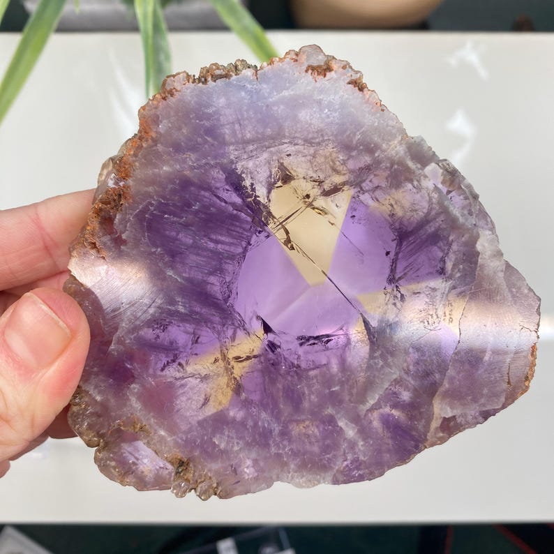 May include: A polished amethyst geode slice with a vibrant purple hue and a central, lighter-colored crystalline formation. The outer edge displays a band of brown and tan tones, adding contrast to the overall appearance. The geode is held by a hand.