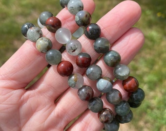 Bloodstone Bracelet, African Bloodstone Bead Bracelet, Gray and Red Stretchy Bracelet for Grounding, Vitality, Wealth, Luck