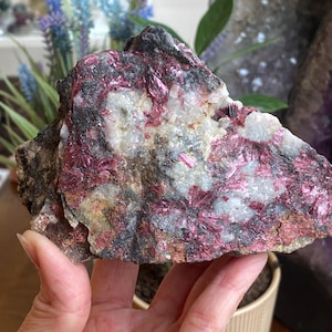 May include: A rough, natural rock specimen with a white and gray matrix and pink, red, and purple crystals. The rock is a raw, unpolished piece of mineral.