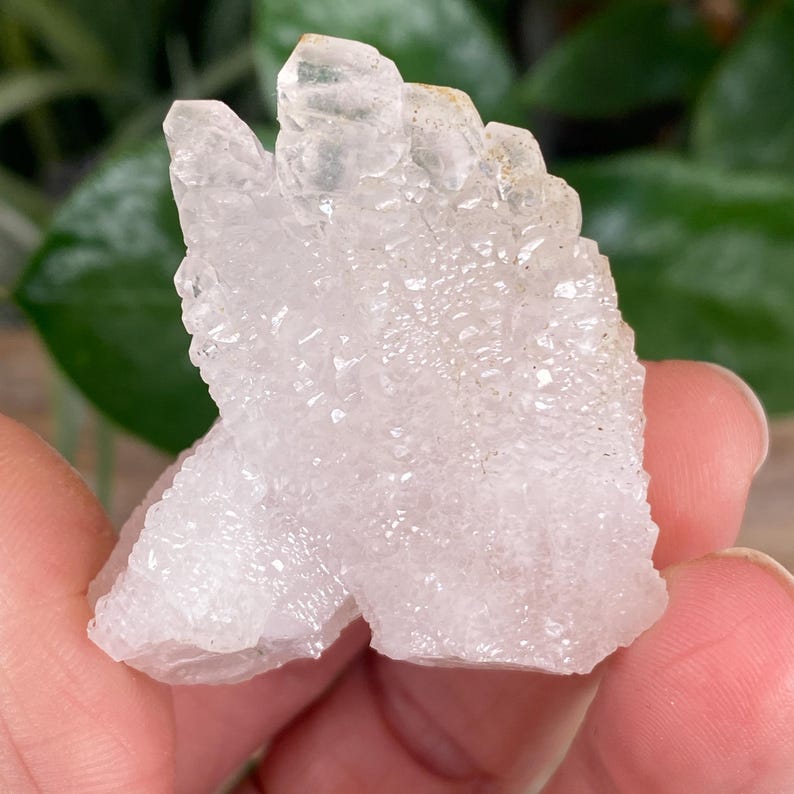 May include: A cluster of clear quartz crystals, held in a hand. The crystals have a rough, textured surface and a translucent appearance. The quartz formation is a light, neutral color, with a few areas of slight opacity.