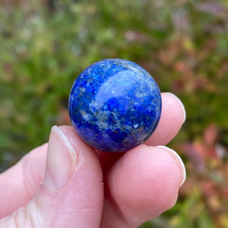 May include: A polished, deep blue lapis lazuli sphere. The gemstone has a speckled appearance with lighter blue and gold flecks. The sphere is held in a person's hand against a blurred green and brown background.