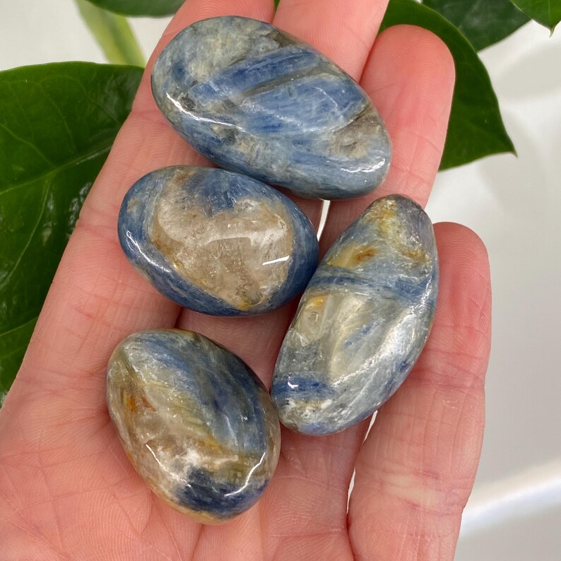 Puede incluir: Cuatro piedras preciosas pulidas azules y beige se sostienen en una mano. Las piedras tienen una forma suave y redondeada y una apariencia veteada. El color azul var&iacute;a en intensidad, con algunas &aacute;reas que parecen m&aacute;s claras. Las piedras son un producto natural.