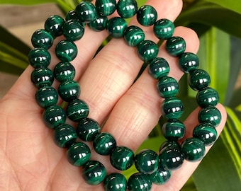 Bracciale in malachite naturale, bracciale con perline di malachite, 8 mm, 7,25 pollici