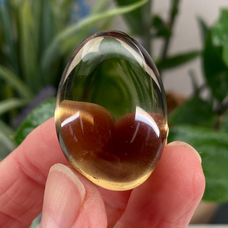 May include: A polished, oval-shaped gemstone with a translucent, golden-yellow hue. The stone has a smooth surface and a darker, amber-colored core. The gemstone is held in a hand, with green foliage in the background.