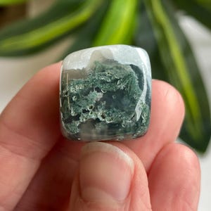 Puede incluir: Una piedra preciosa de &aacute;gata musgosa de corte cuadrado. La piedra presenta una base transl&uacute;cida blanca y clara con intrincadas inclusiones verdes en forma de musgo. La superficie pulida refleja la luz, resaltando los patrones naturales de la piedra. La piedra preciosa se sostiene en una mano.