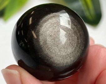 Sheen Obsidian Sphere, Gold Sheen, Silver Sheen, 1.4in, Obsidian Sphere, Gazing Stone, Natural Black Obsidian, Volcanic Obsidian