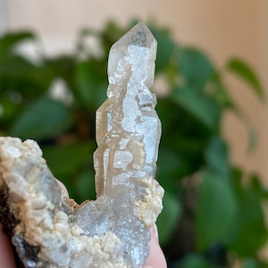 May include: A clear quartz crystal with a unique, layered formation. The crystal is attached to a matrix of rough, gray rock.
