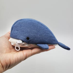 May include: A blue whale-shaped zippered pouch made of soft fabric. The pouch is held in a hand, and the zipper is visible.