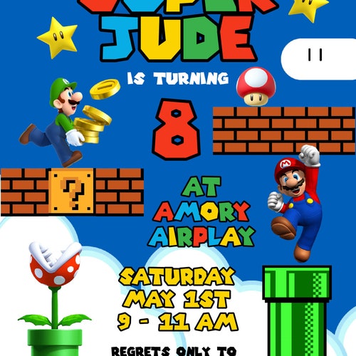 Super Mario Printable Invitation Super Mario Birthday Etsy