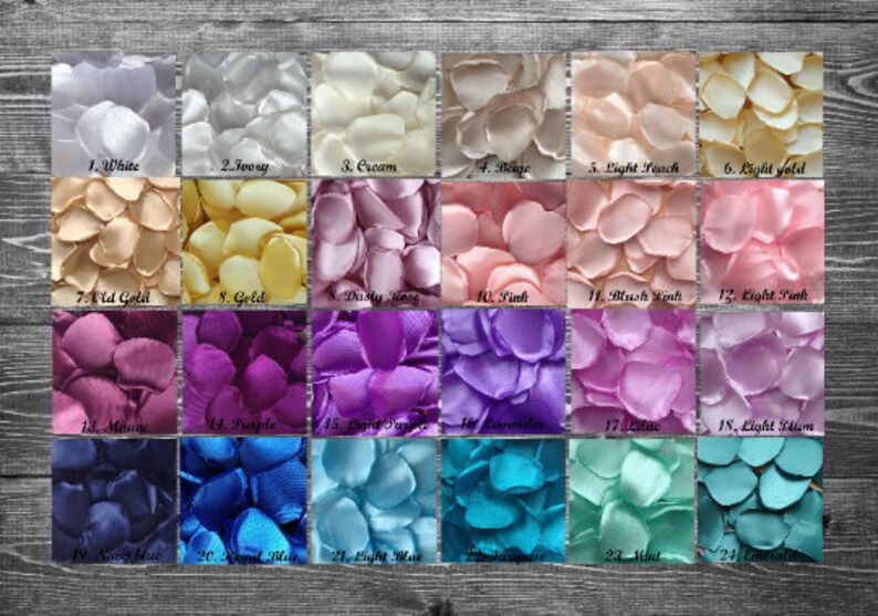 May include: A chart of 24 different colors of silk rose petals. The petals are arranged in rows of four, with each color labeled with a number and a name. The colors include white, ivory, cream, beige, light peach, light gold, old gold, gold, dusty rose, pink, blush pink, light pink, mauve, purple, light purple, lavender, lilac, light blue, royal blue, turquoise, mint, and emerald.