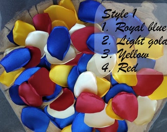 Wedding Satin Rose Petals: Royal Blue, Gold, Red Mix