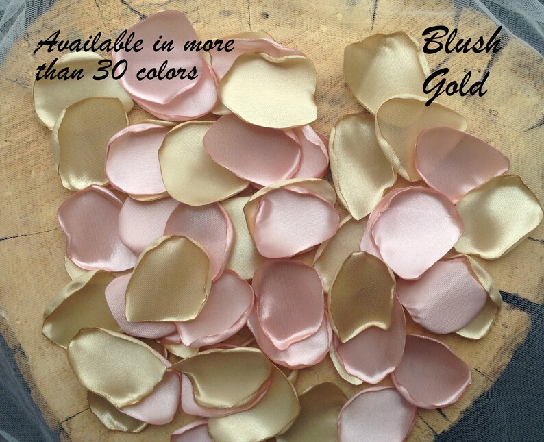 May include: A pile of blush pink and gold satin rose petals. Available in more than 30 colors. Blush Gold.