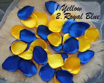 Yellow and Royal Blue Satin Rose Petals: Wedding & Shower Decor