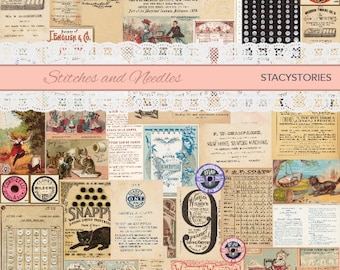 Vintage Sewing Stitches and Needles Digital Kit for Junk Journals and Scrapbooking