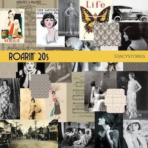 May include: A collage of vintage images and text evoking the Roaring Twenties. Includes magazine covers, flapper portraits, and Art Deco patterns. The text "Roarin' 20s" and "StacyStories" are visible.