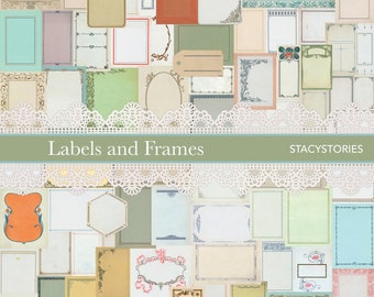 May include: A collection of vintage-style labels and frames in various colors and designs. The frames are mostly rectangular, with some oval and hexagonal shapes. The labels and frames are perfect for adding a touch of vintage charm to your projects.