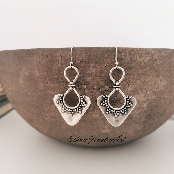 Ethnic Antique Silver Plated Dangle Earrings, Boho Earrings, Bohemian Jewelry CZ46