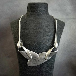 Silver Plated Asymmetrical Statement Necklace, Antique Silver Bohemian Chunky Bib Necklace, Ethnic Jewelry