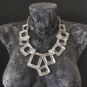 Silver Plated Asymmetrical Statement Necklace, Square Shape Chunky Bib Necklace, Abstract Jewelry