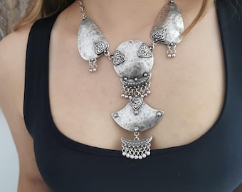 Coin Statement Ethnic Necklace: Oxidized Silver Plated Middle East Tribal Collar COZ17