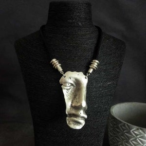 Tribal human face necklace, silver ethnic boho chic leather necklace, bohemian leather jewelry, ancient silver  large pendant necklace