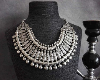 Silver plated statement necklace, antique silver bohemian chunky bib necklace, ethnic turkish jewelry