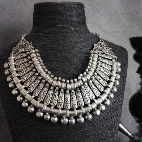 Silver plated statement necklace, antique silver bohemian chunky bib necklace, ethnic turkish jewelry COZ11