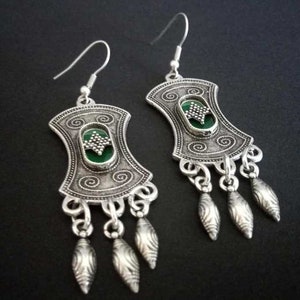 Ethnic Silver Plated Chandelier Earrings, Boho Green Enamel Earrings, Moroccan Jewelry image 6