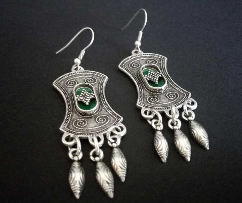 Orecchini lampadari etnici placcati in argento, orecchini smaltati verdi Boho, gioielli marocchini immagine 6