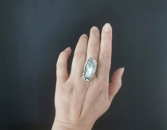 Art Nouveau Crystal Statement Ring: Antique Silver Plated Brass Adjustable Vintage Ring