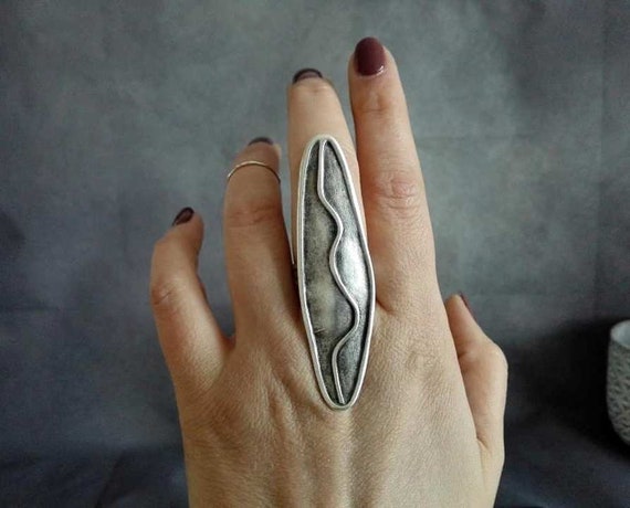 Antique Silver Plated Boho Ring: Adjustable Ethnic Statement Ring