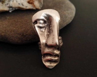 Antique Silver Plated Statement Ring, Adjustable Ring, Ethnic Human Face Ring, African Mask Statement Ring, Ethnic Jewelry