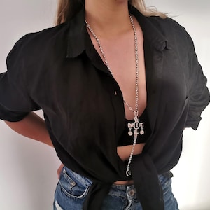 Antique silver layered chain necklace, large renaissance inspired crystal cross pendant necklace, multi charms chunky pearl necklace COA12