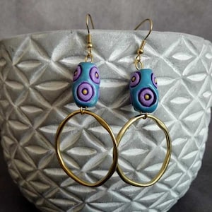 Ethnic Peruvian Ceramic Dangle Earrings | Gold Plated Earrings | Tribal Jewelry