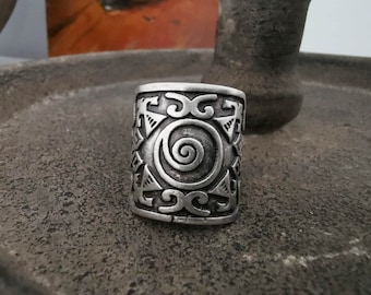 Mandala Ring: Silver Plated Brass Spiral Wide Band Adjustable Ring, US Size 8-10