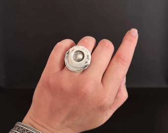 Texturerad skivring: Silverpläterad justerbar grov ring, bohemiska smycken