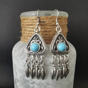 Turquoise chandelier earrings, silver plated dangling statement earrings, boho jewelry image 1