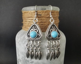 Turquoise chandelier earrings, silver plated dangling statement earrings, boho jewelry