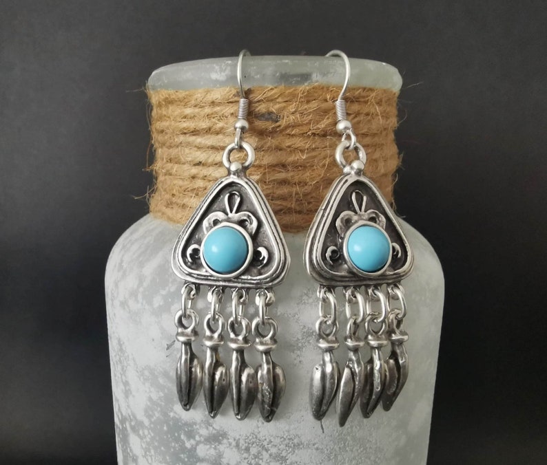 Turquoise chandelier earrings, silver plated dangling statement earrings, boho jewelry image 1