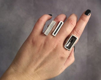Rectangular Shape Facet-Cut Crystal Ring: Silver Plated Minimalist Geometric Adjustable Bold Ring