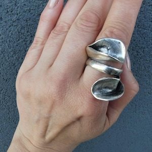 May include: A silver ring with an organic, sculptural design. The ring features two open, petal-like shapes connected by a spiral band. The metal has a slightly oxidized finish, giving it a vintage look. The ring is worn on a hand.
