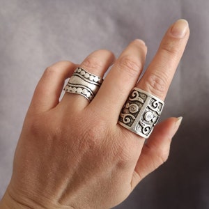 Bohemian Silver Engraved Ring, Antique Silver Plated Statement Ring, Ethnic Jewelry