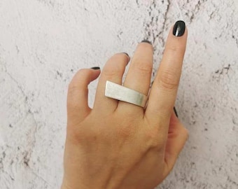Wide Band Chunky Ring: Silver Plated Adjustable Geometric Statement Ring