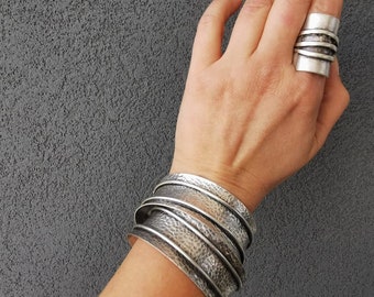 Silver Plated Hammered Wide Cuff Bracelet, Minimalist Statement Open Bangle, Adjustable Textured Bracelet (6-7 inch) B10