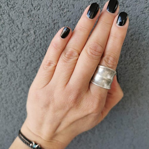 Wide Band Ring: Oxidized Silver Plated Brass Stacking Chunky Adjustable Ring I10